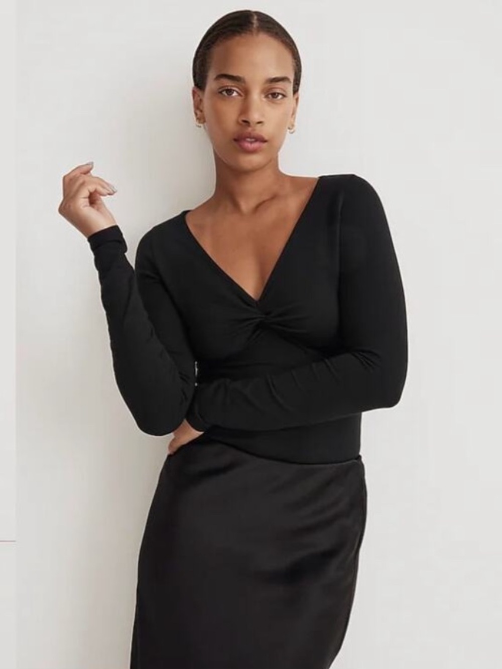 Madewell Twist-Front Long Sleeve Top Tee Shirt Black